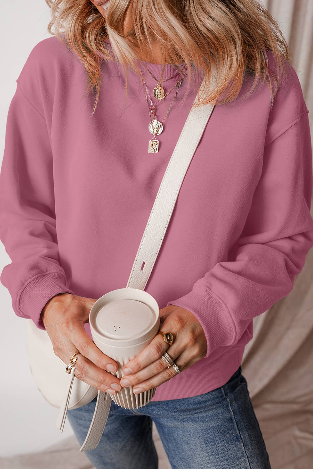 Solid Fleece Lined Drop Shoulder Terry Sweatshirt
