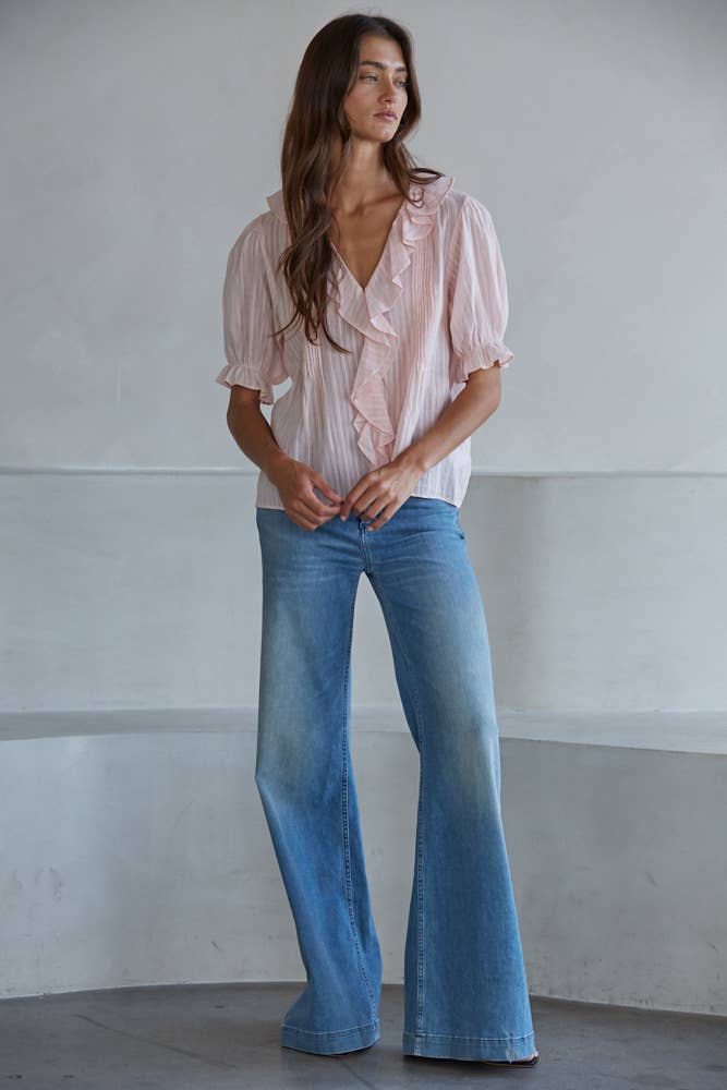 Woven Cotton Buttondown V-Neck Short Sleeve Top