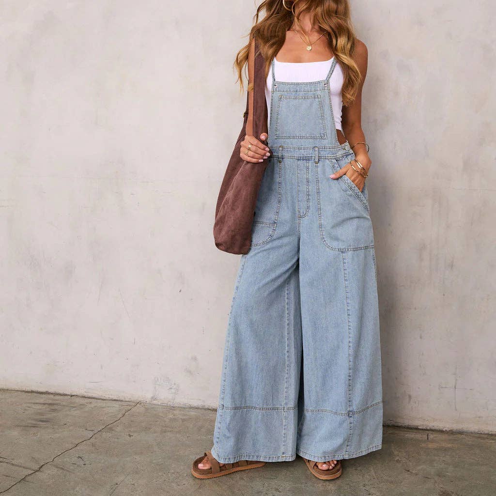 Women Blue Wide Leg Pocket Denim Overalls Jumpsuit