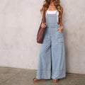 Women Blue Wide Leg Pocket Denim Overalls Jumpsuit