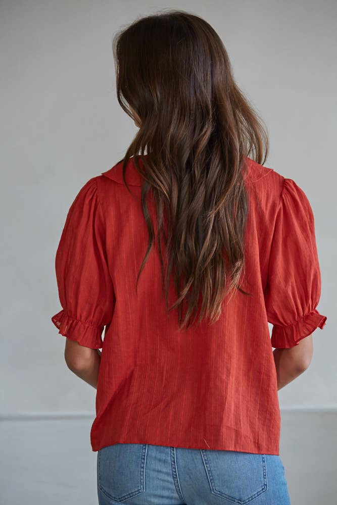 Woven Cotton Buttondown V-Neck Short Sleeve Top