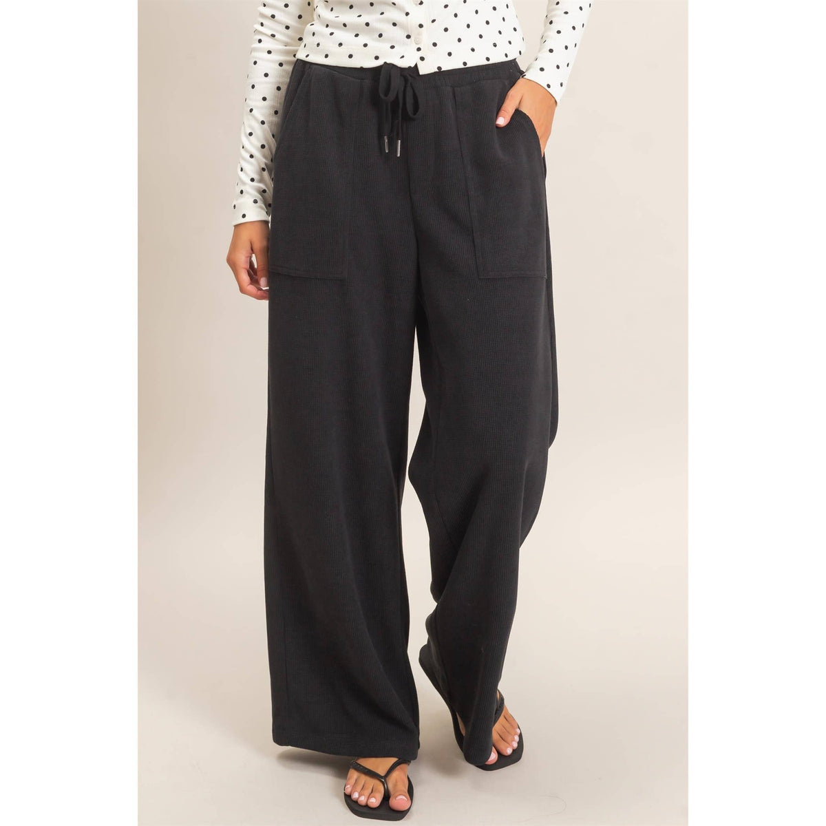 Waffle Knit Drawstring Wide Leg Pants