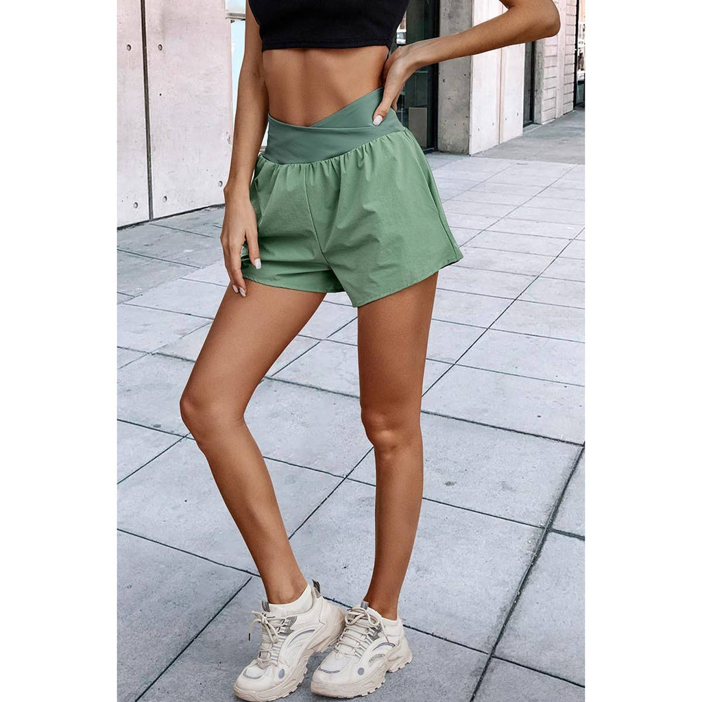 Solid High Waist Band Pockets Active Shorts