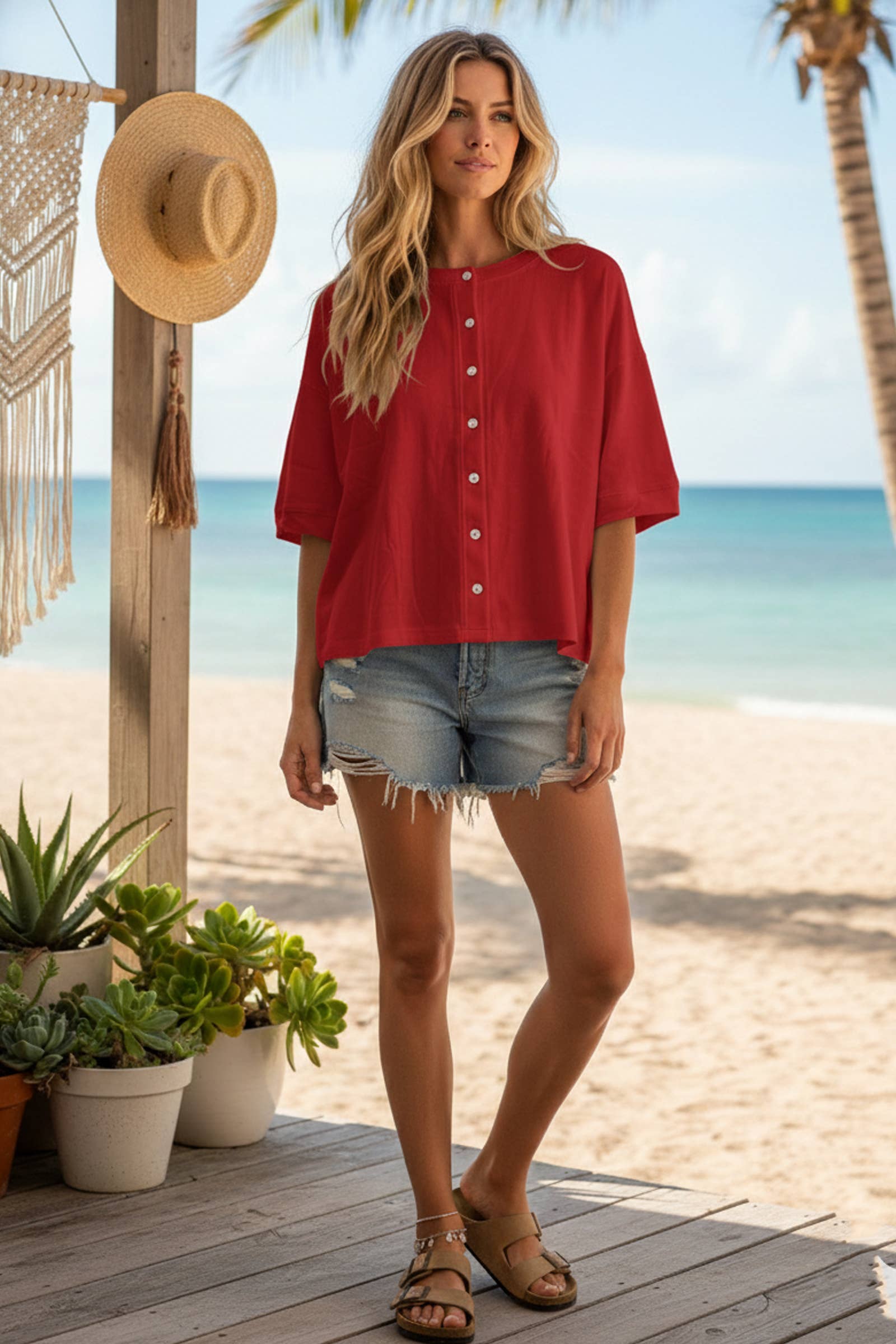 Oversized Button Front Stretch Lightweight Knit Top