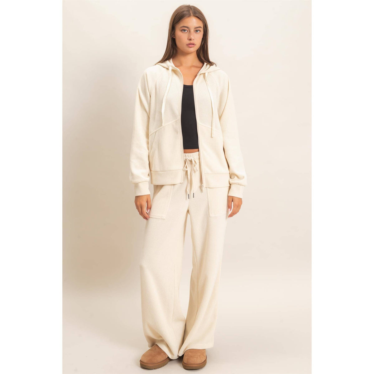 Waffle Knit Drawstring Wide Leg Pants