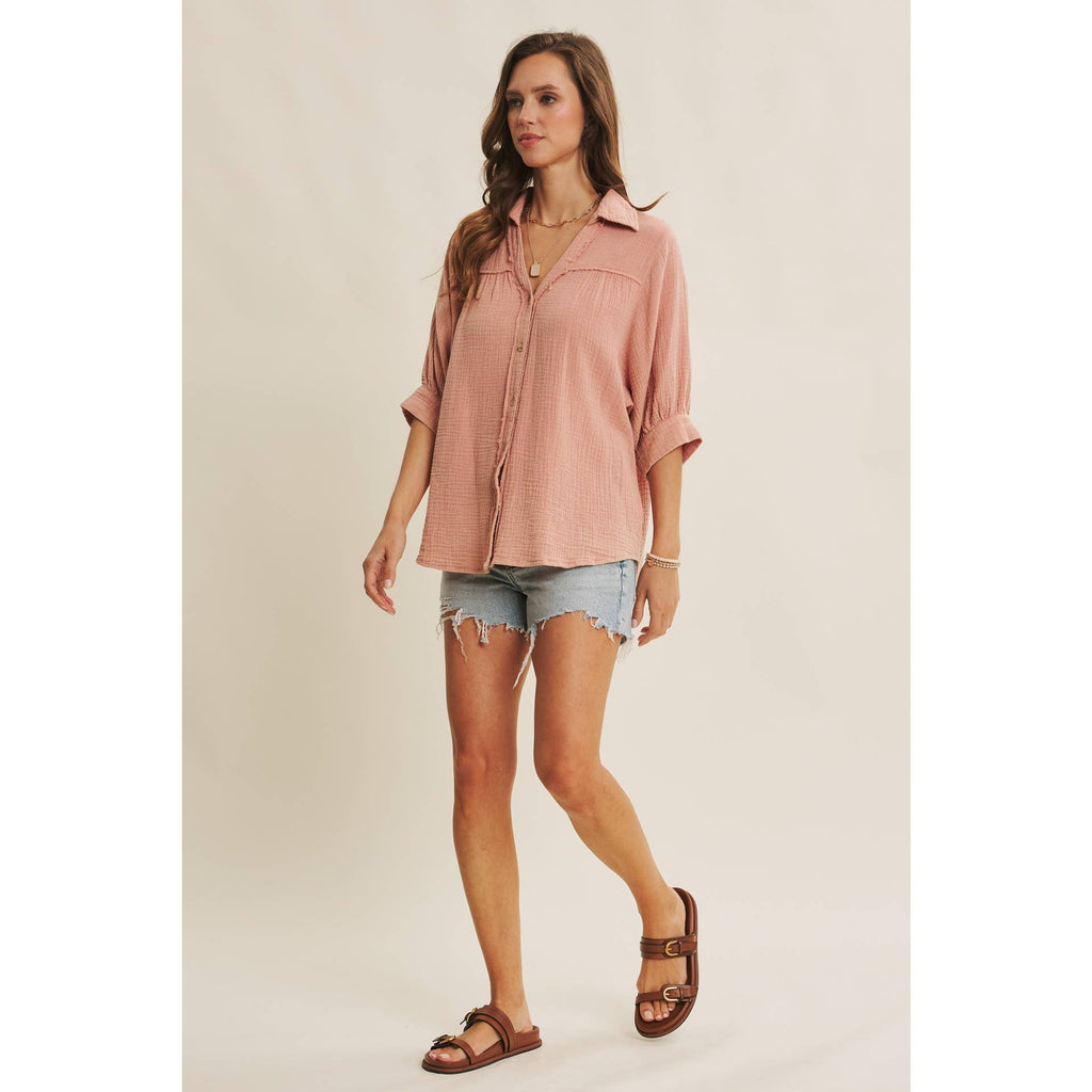BREATHABLE MINERAL-WASHED COTTON GAUZE BUTTON-DOWN SHIRT