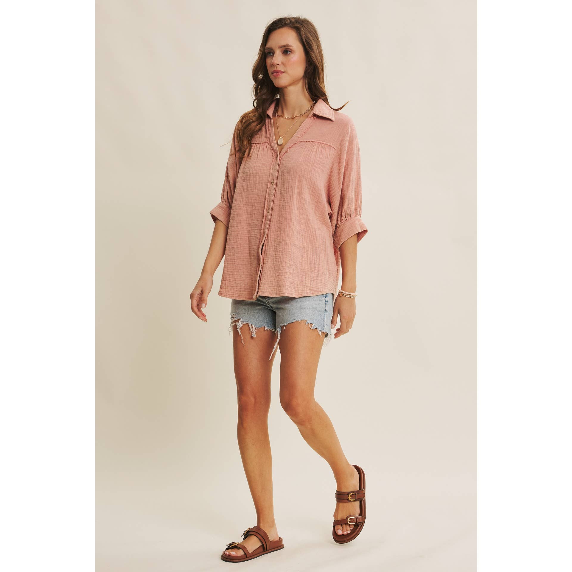 BREATHABLE MINERAL-WASHED COTTON GAUZE BUTTON-DOWN SHIRT