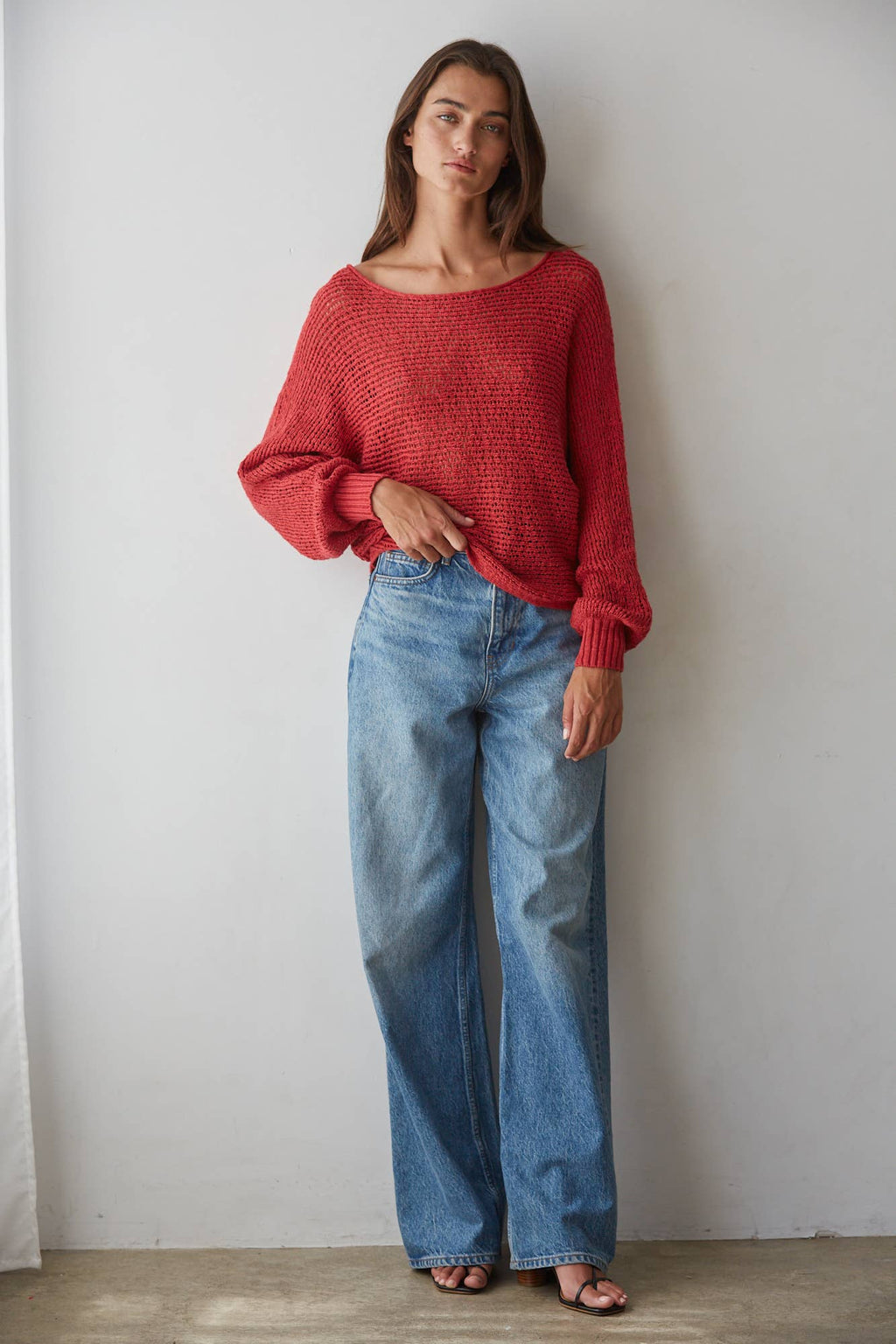 Sweater Knit Crochet Round Neck Long Sleeve Top