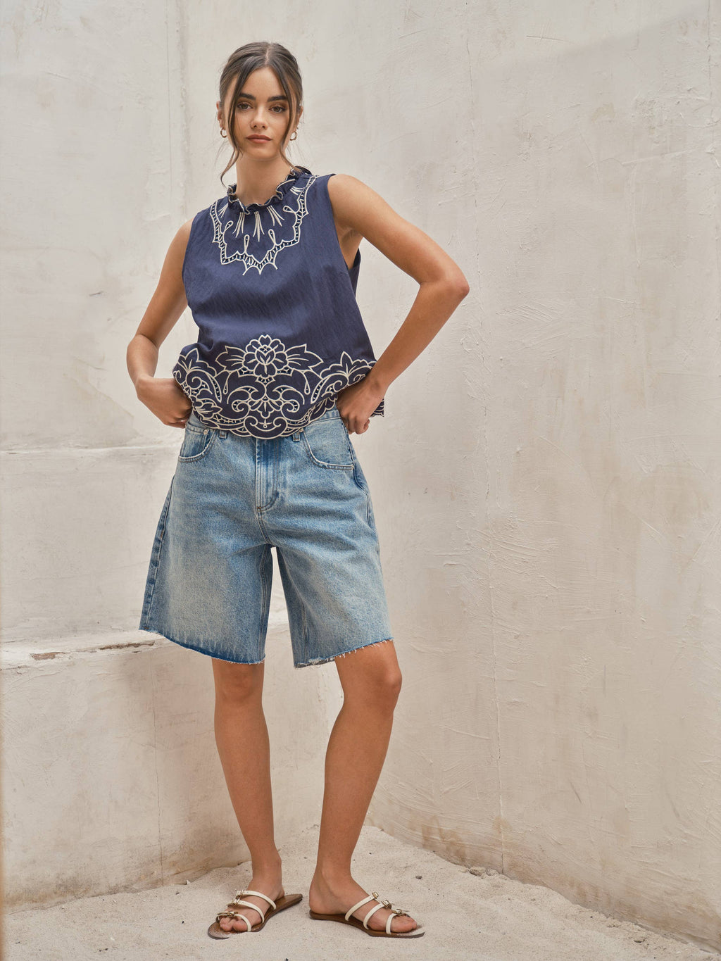 WIDE LEG RETRO BERMUDA DENIM SHORTS