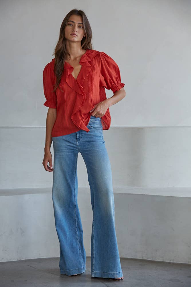 Woven Cotton Buttondown V-Neck Short Sleeve Top