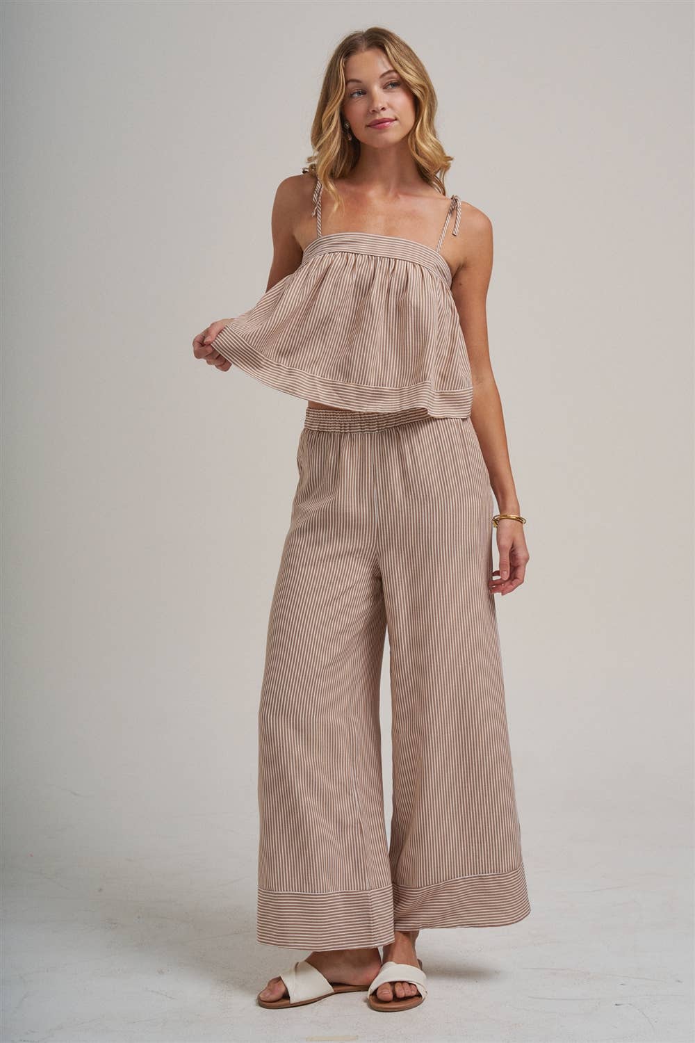 STRIPED TWO PIECE SET WITH FLOWY CAMI TOP AND WIDE LEG PANTS