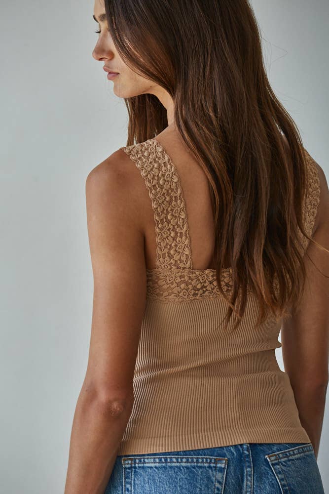 Knit Seamless Ribbed Tank Top with Lace Trim