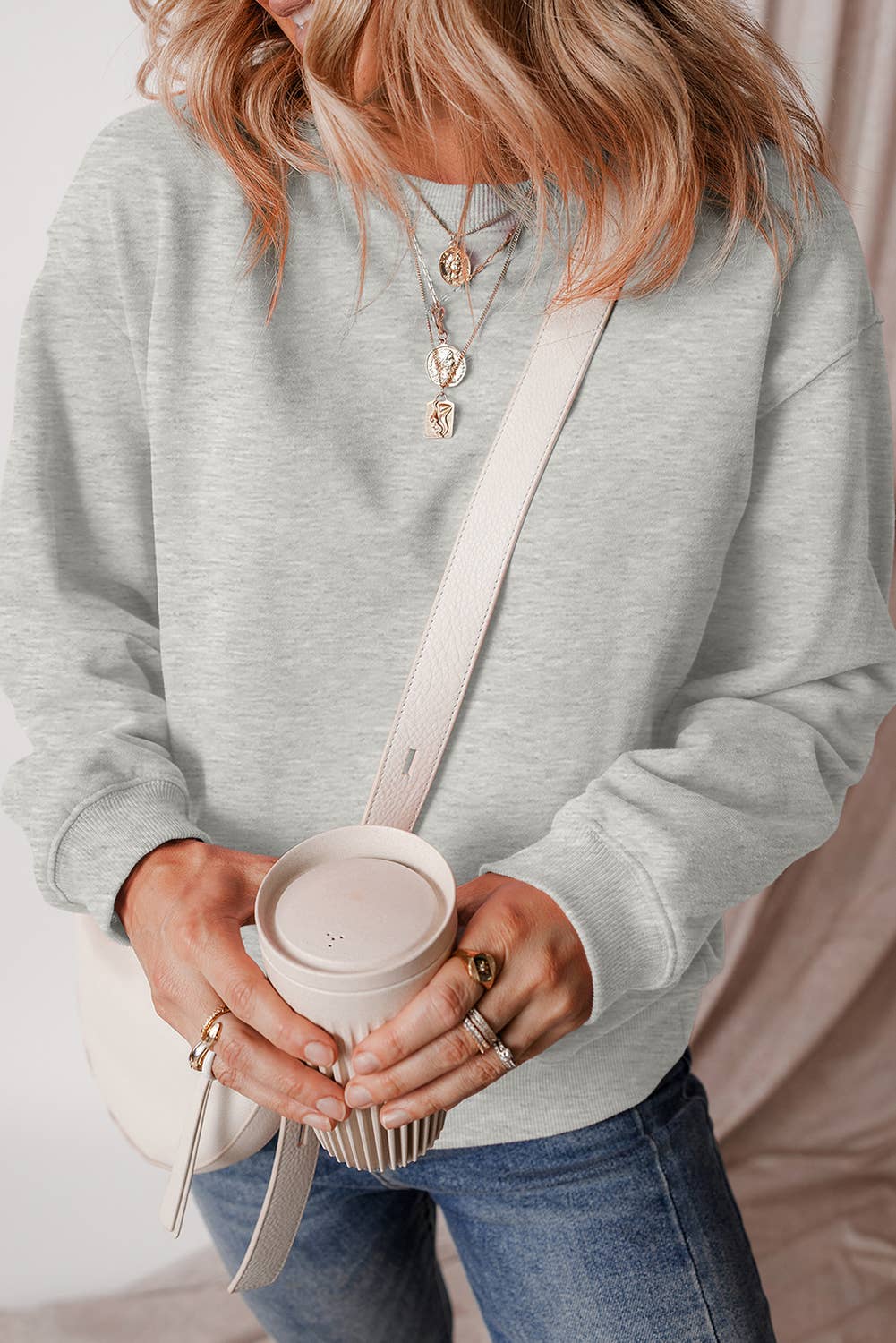 Solid Fleece Lined Drop Shoulder Terry Sweatshirt