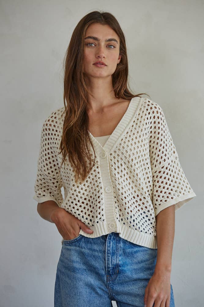 Knit Sweater Cotton See Through V-Neck Cardigan