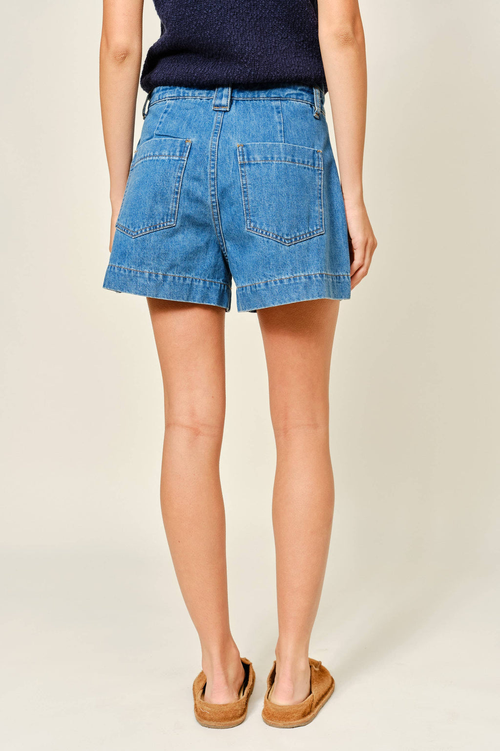 MID RISE FLARE DENIM SHORTS