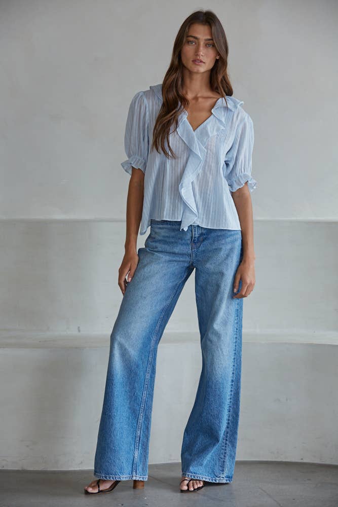Woven Cotton Buttondown V-Neck Short Sleeve Top