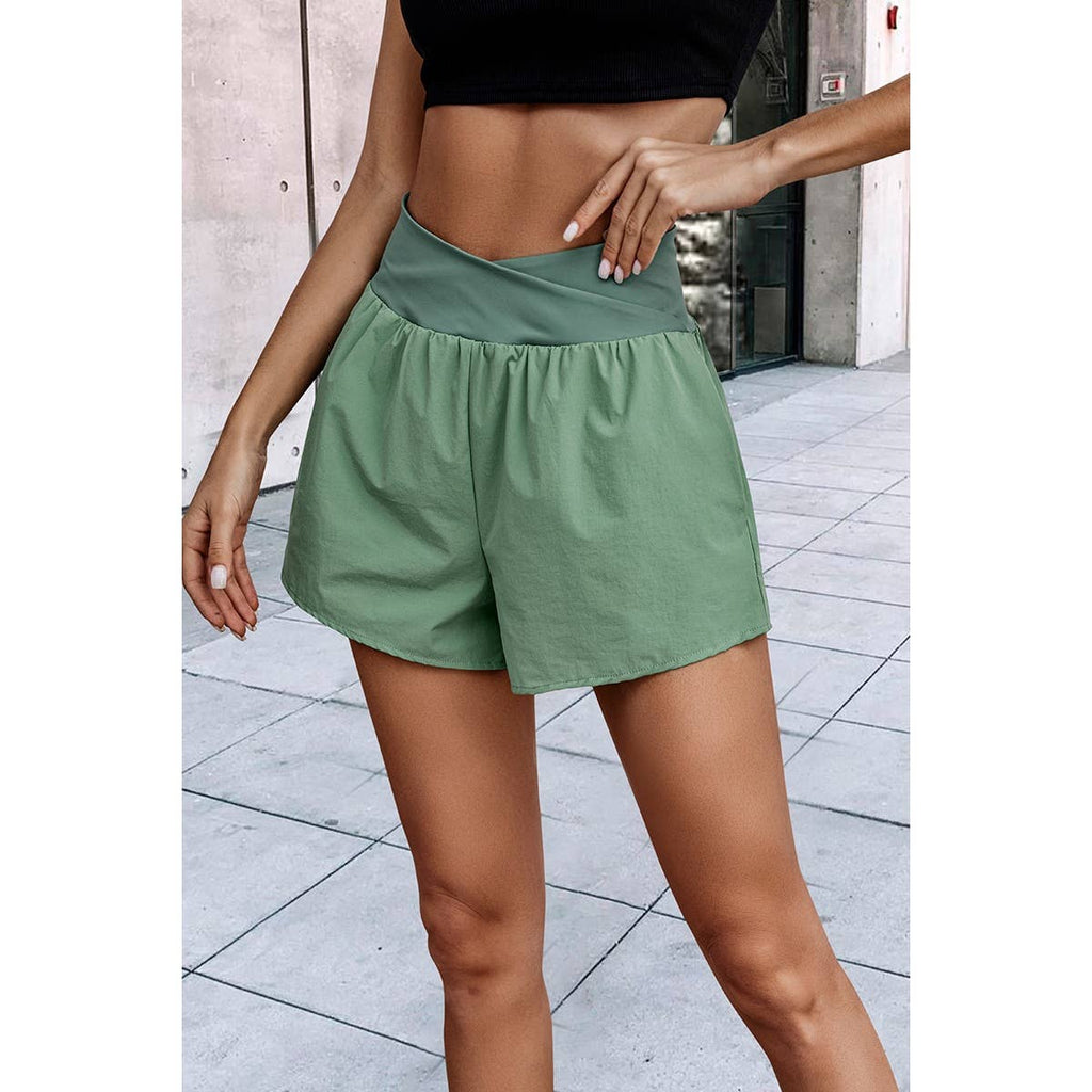 Solid High Waist Band Pockets Active Shorts