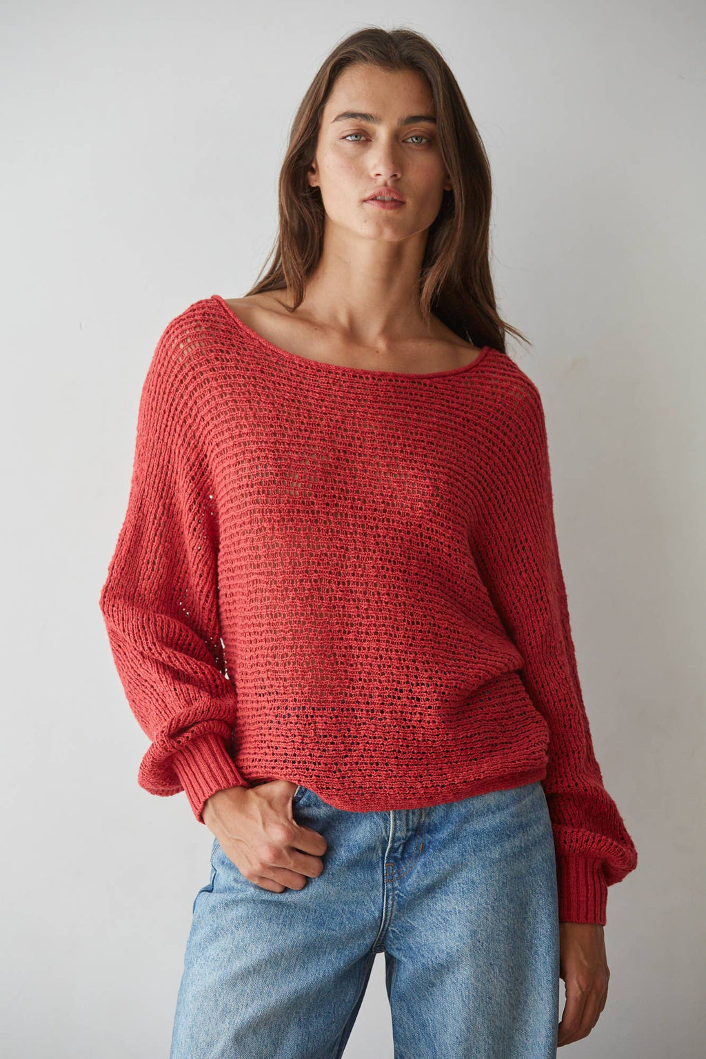 Sweater Knit Crochet Round Neck Long Sleeve Top