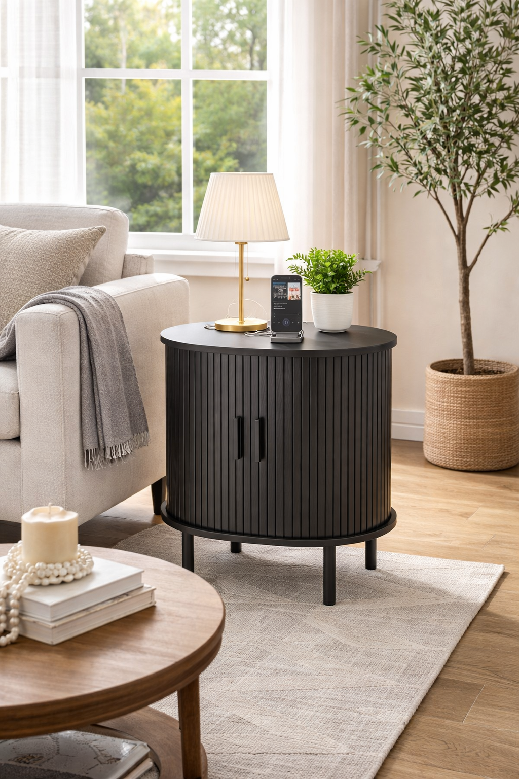 Modern Fluted End Table with Charging Station
