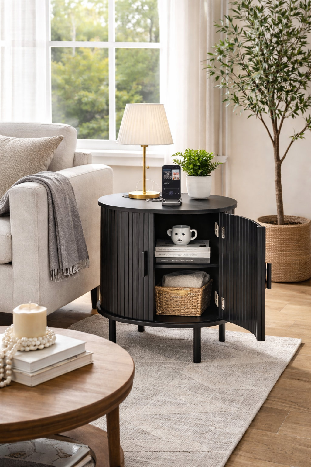 Modern Fluted End Table with Charging Station