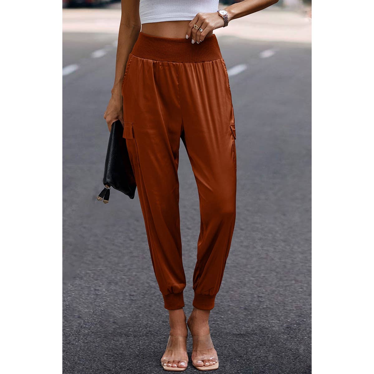 High Waist Long Pant Trousers With Pocket Satin Jogger Pants