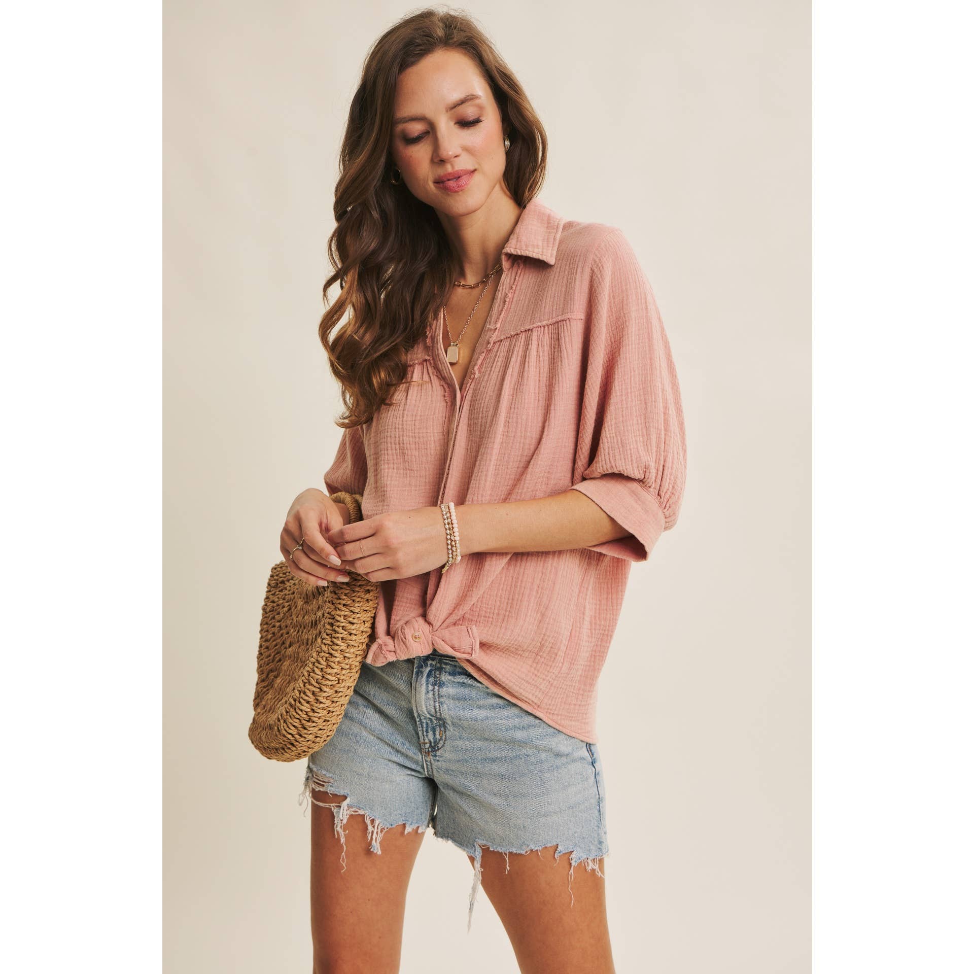 BREATHABLE MINERAL-WASHED COTTON GAUZE BUTTON-DOWN SHIRT