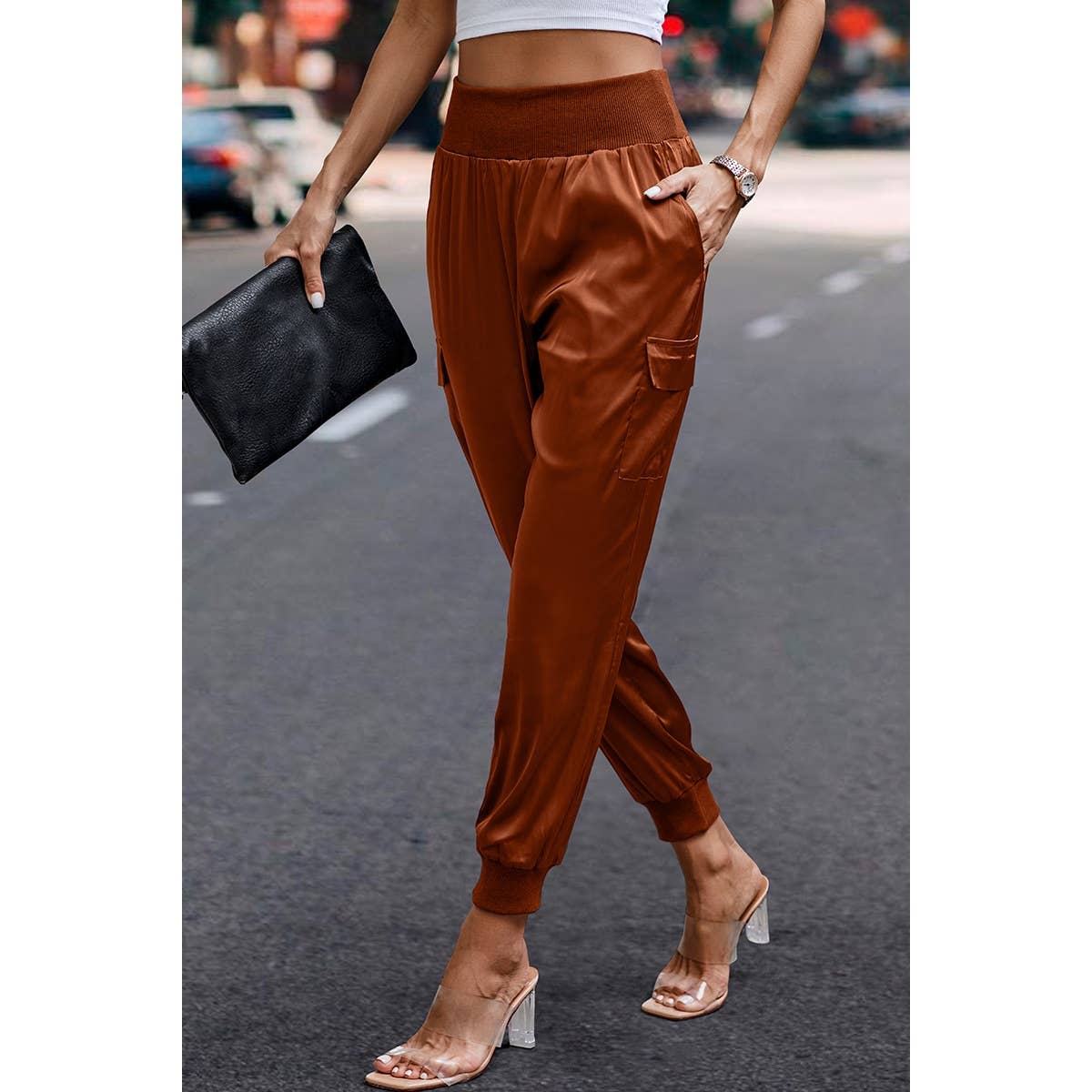 High Waist Long Pant Trousers With Pocket Satin Jogger Pants