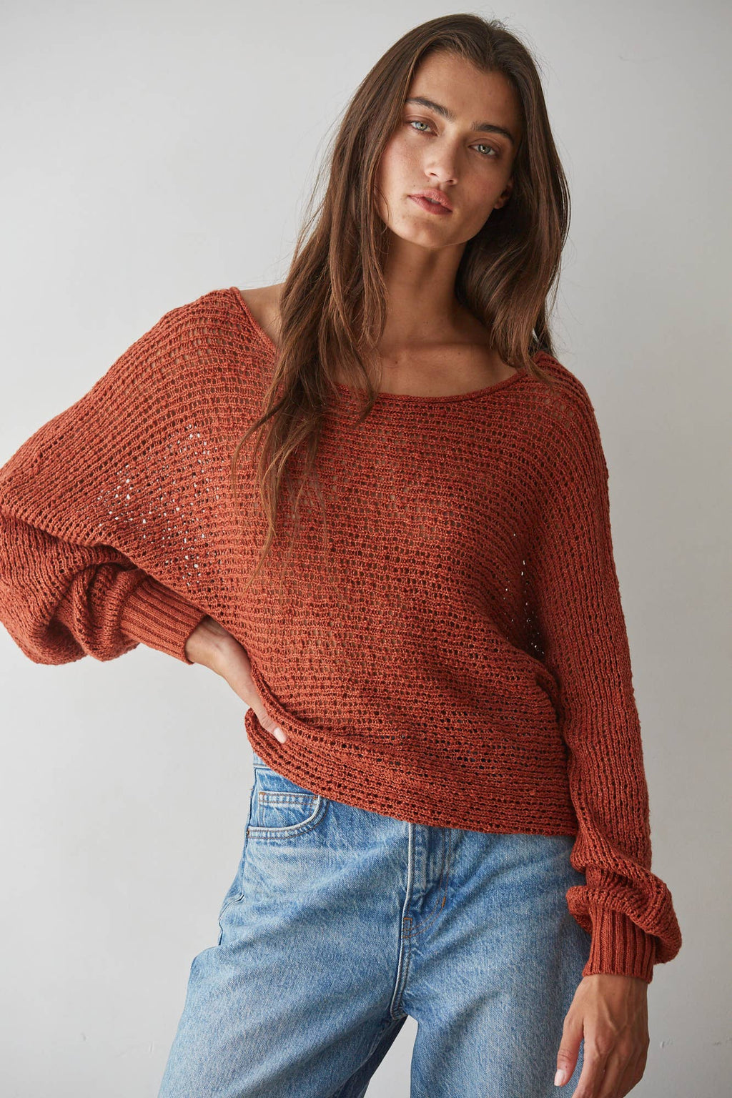 Sweater Knit Crochet Round Neck Long Sleeve Top