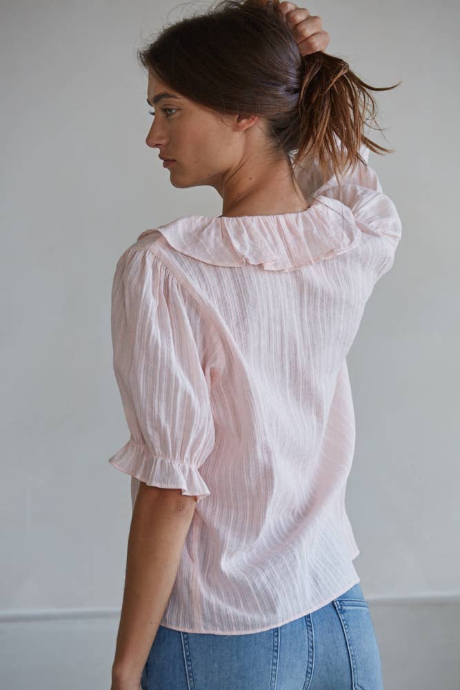 Woven Cotton Buttondown V-Neck Short Sleeve Top