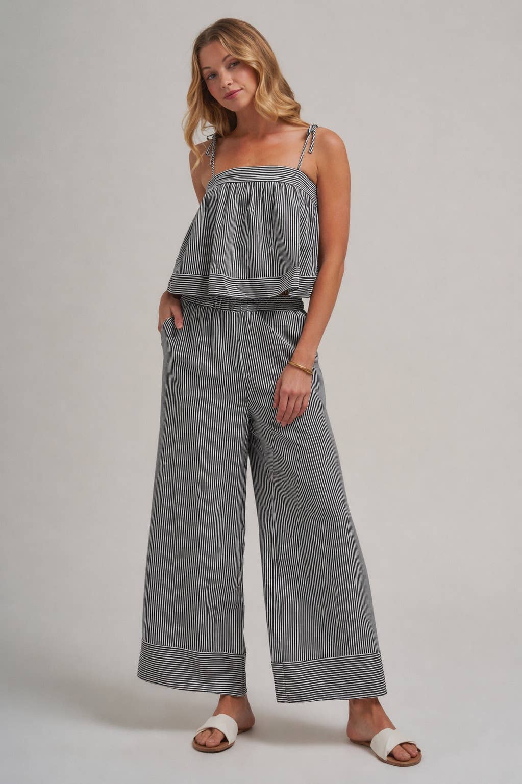 STRIPED TWO PIECE SET WITH FLOWY CAMI TOP AND WIDE LEG PANTS