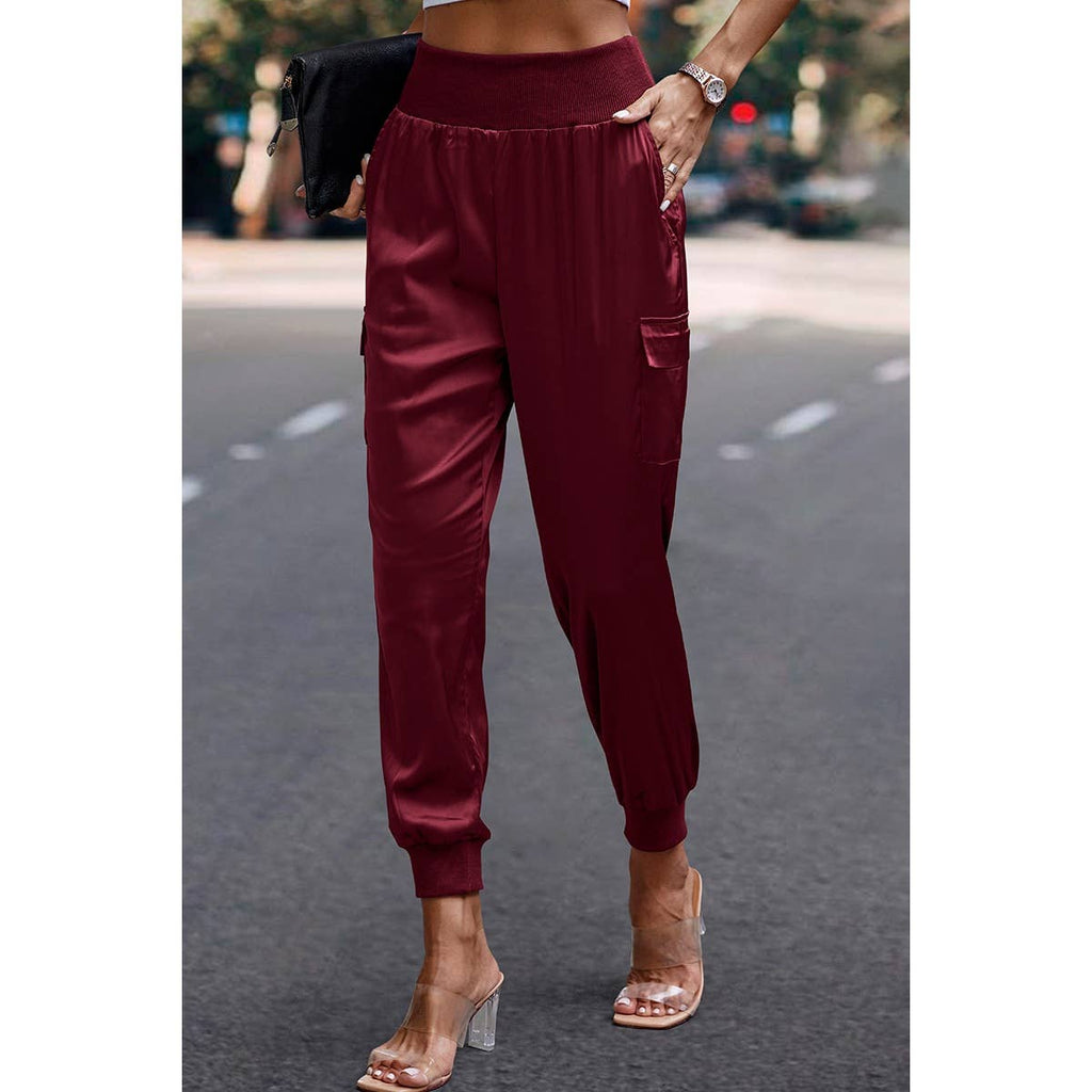 High Waist Long Pant Trousers With Pocket Satin Jogger Pants