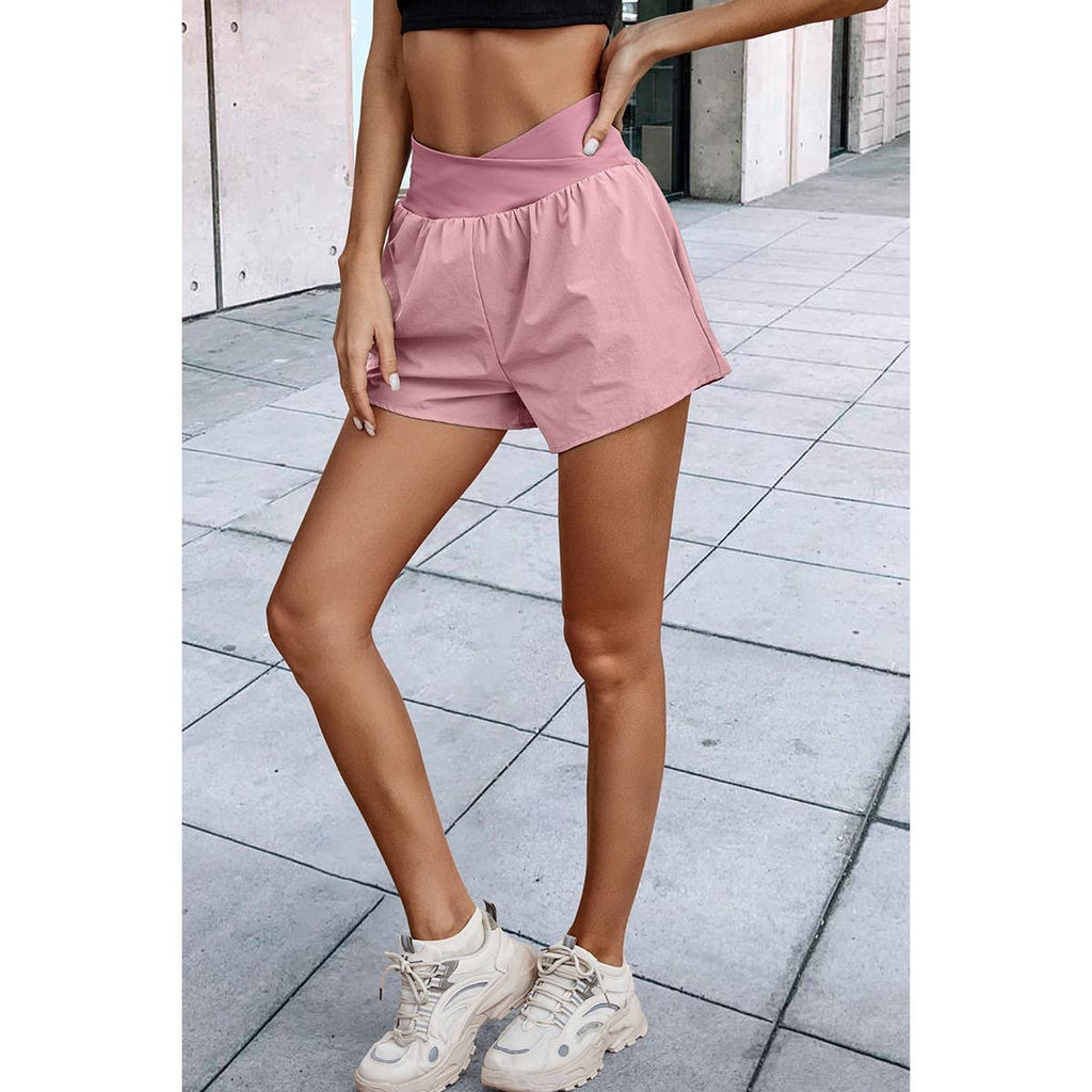 Solid High Waist Band Pockets Active Shorts