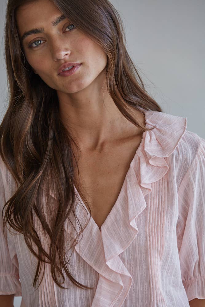 Woven Cotton Buttondown V-Neck Short Sleeve Top