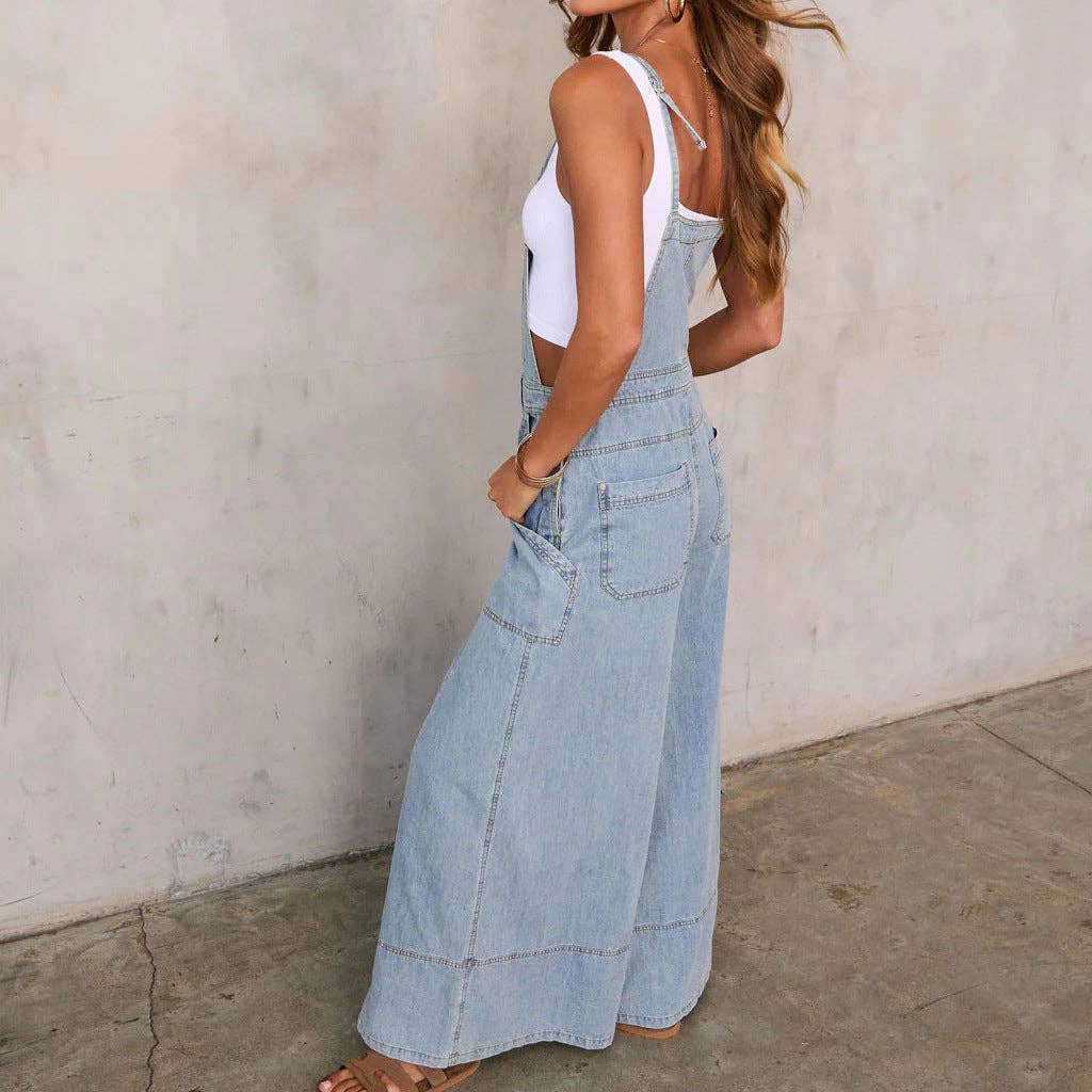 Women Blue Wide Leg Pocket Denim Overalls Jumpsuit