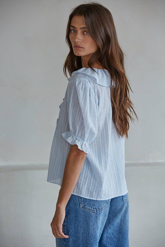 Woven Cotton Buttondown V-Neck Short Sleeve Top