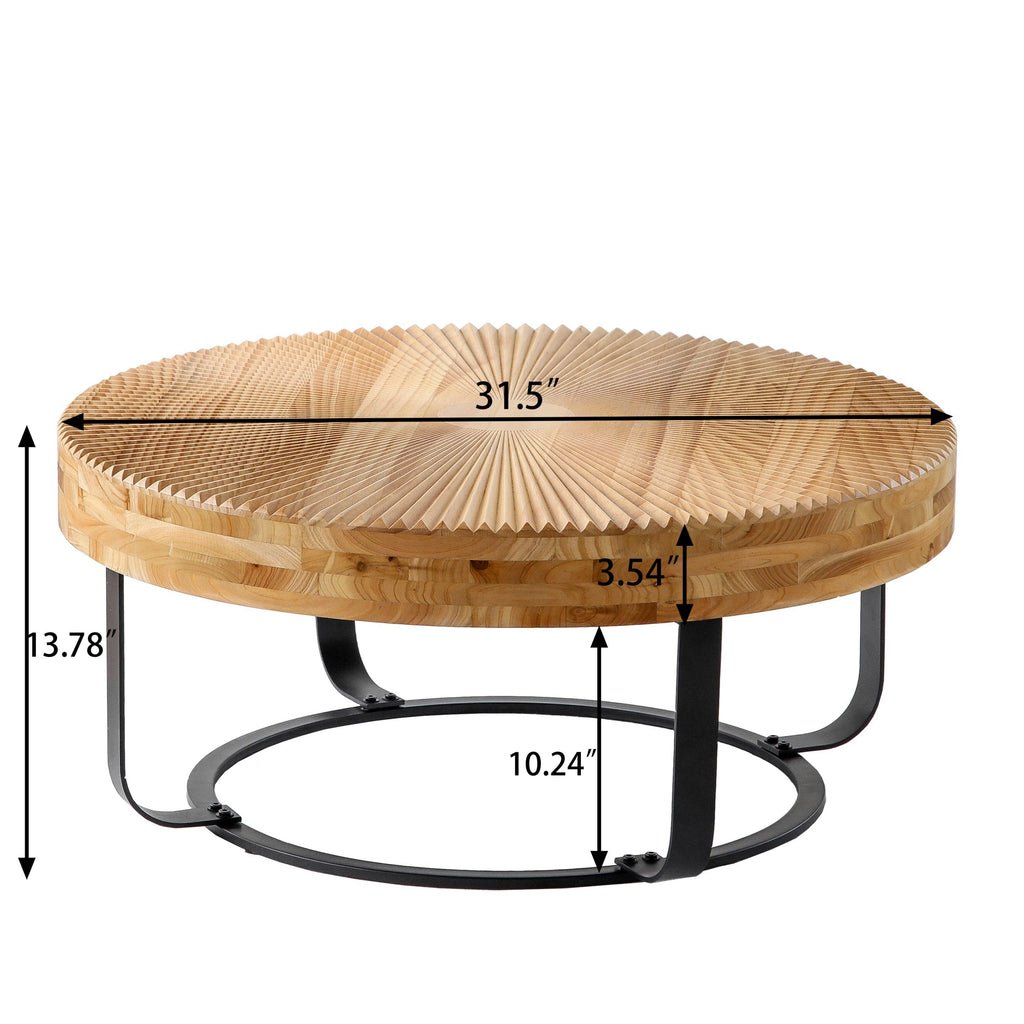 Round Wood Coffee Table with Carved Top and Metal Legs