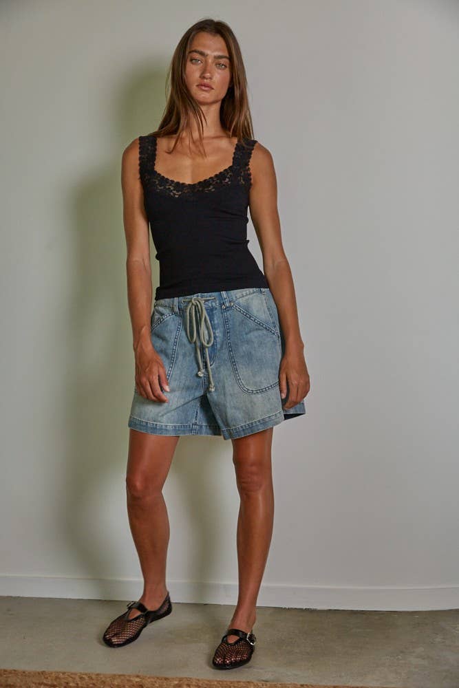 Knit Seamless Ribbed Tank Top with Lace Trim