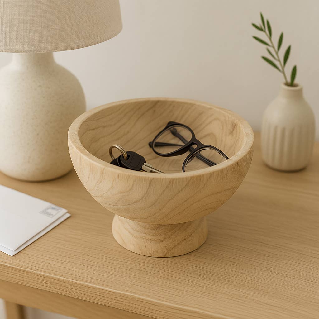 Bowl - Brown Paulownia Wood with Pedestal Base, 8 in.