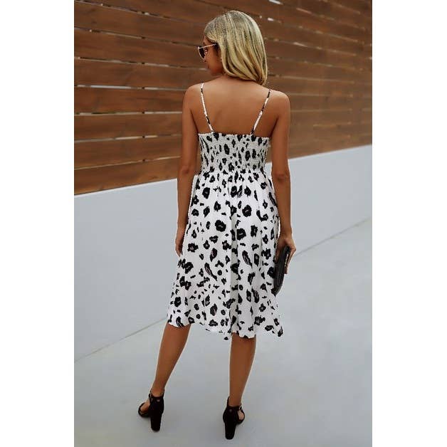 V Neck Spaghetti Strap Leopard Cut Out Midi Dress