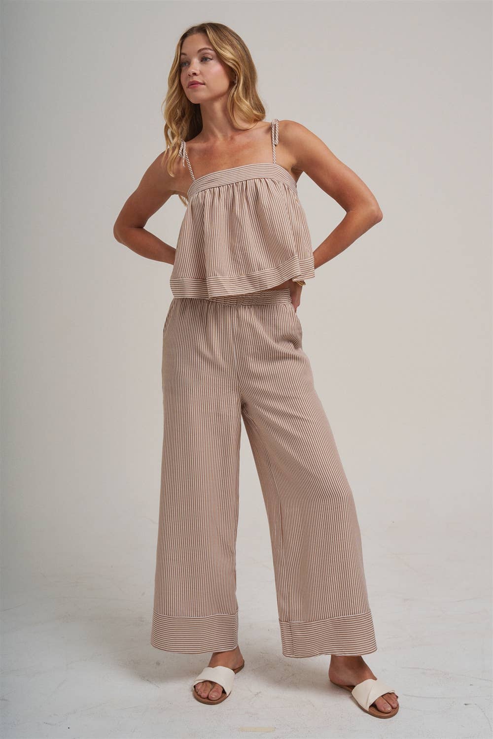 STRIPED TWO PIECE SET WITH FLOWY CAMI TOP AND WIDE LEG PANTS