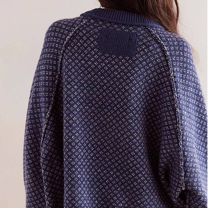 Women Print Round Neck Knit Patchwork Jacquard Sweater