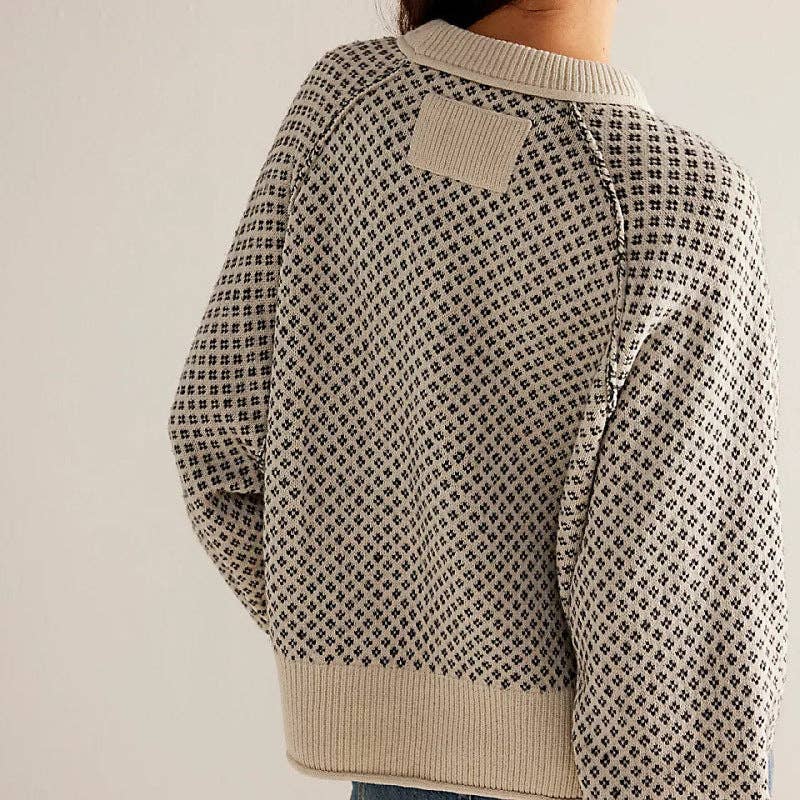 Women Print Round Neck Knit Patchwork Jacquard Sweater