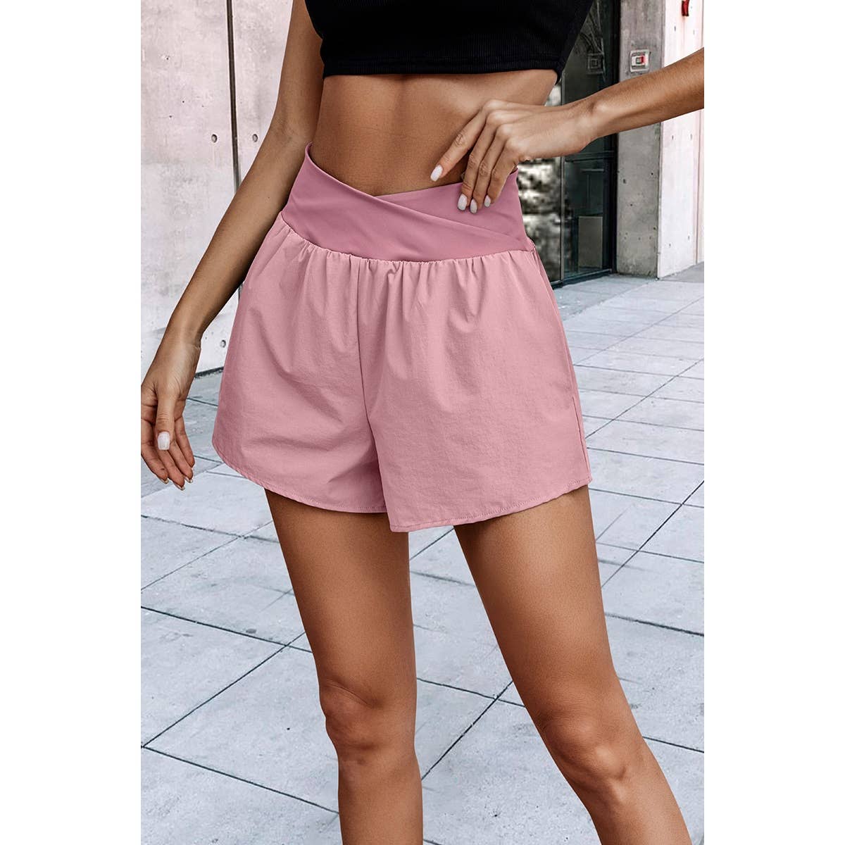 Solid High Waist Band Pockets Active Shorts