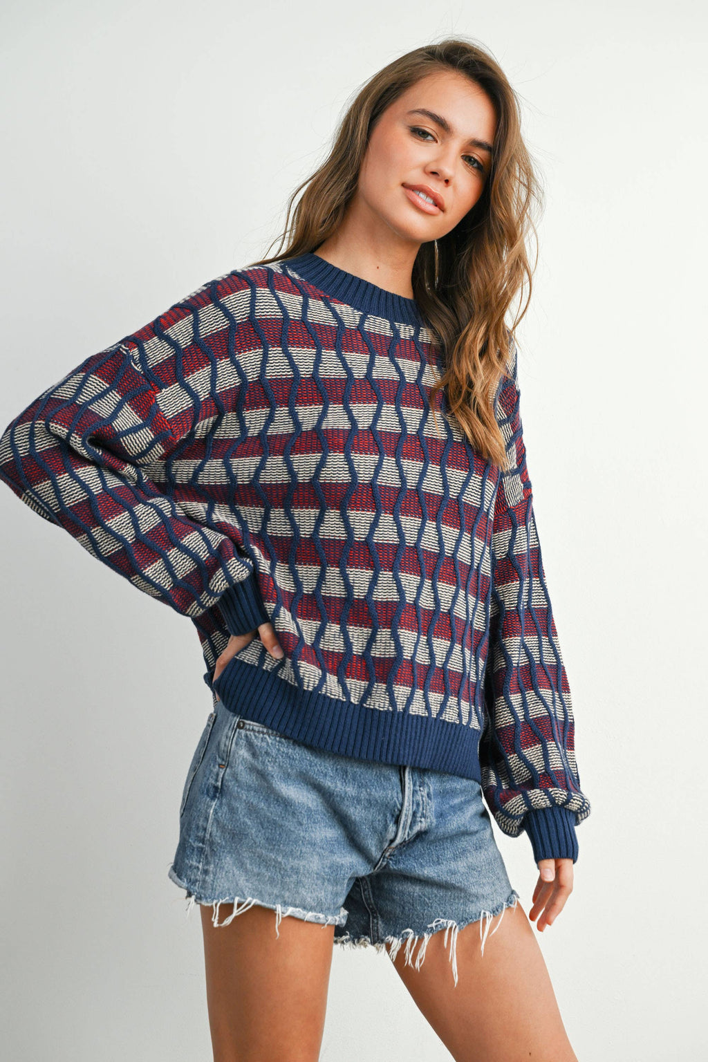 Geometric  Crew Neck Long Sleeve Top - BMW7769