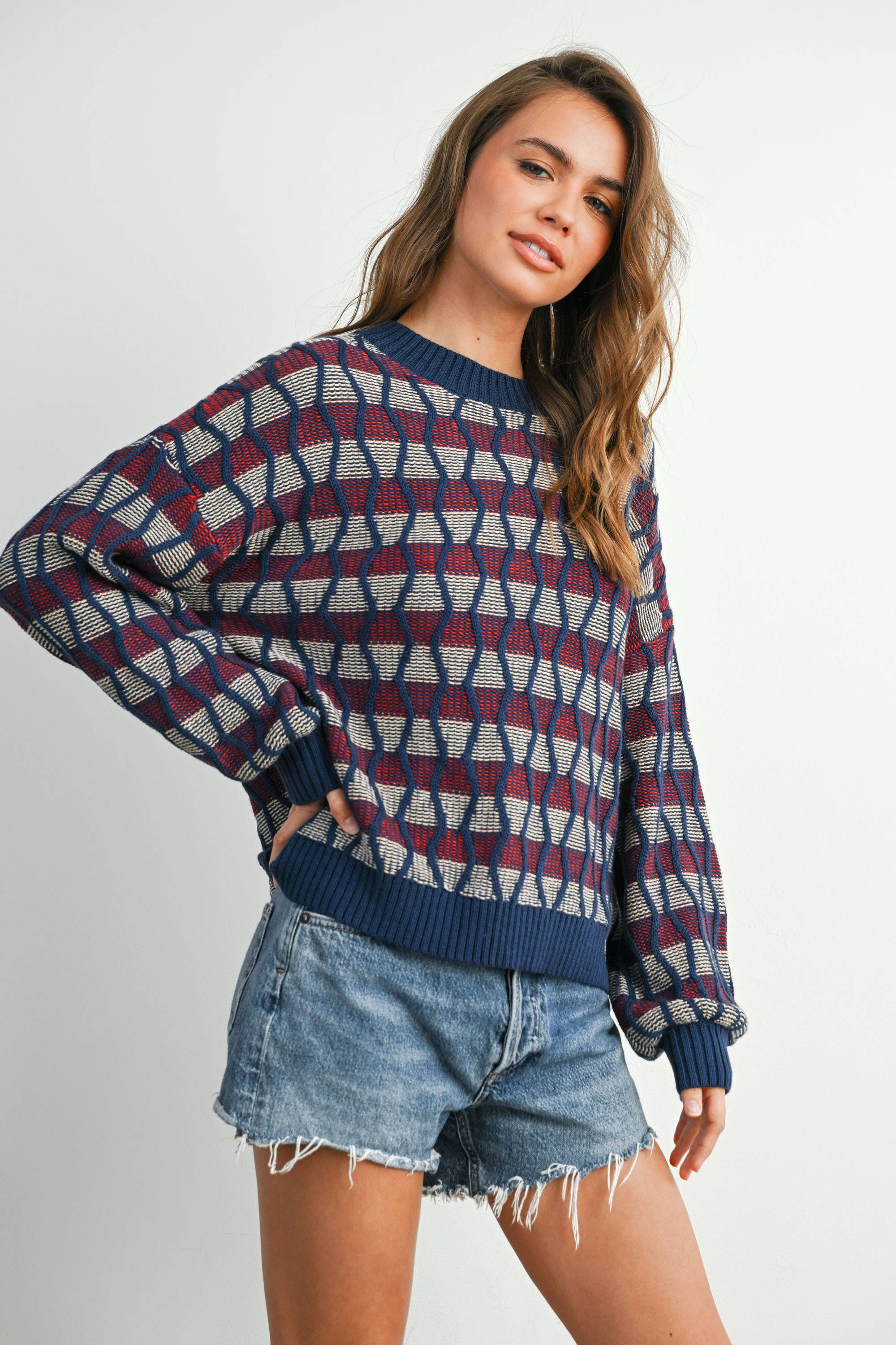 Geometric  Crew Neck Long Sleeve Top - BMW7769