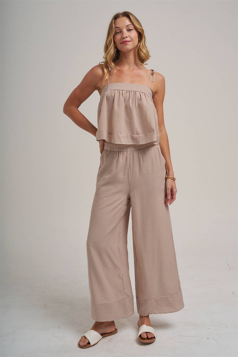 STRIPED TWO PIECE SET WITH FLOWY CAMI TOP AND WIDE LEG PANTS
