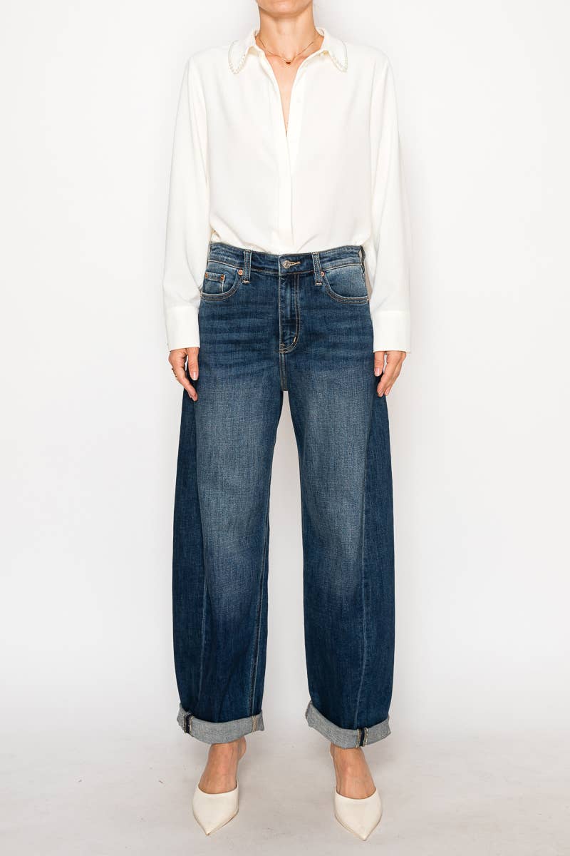 HIGH RISE RELAXED TAPERED DARK WASH BARREL JEANS … PREMIUM