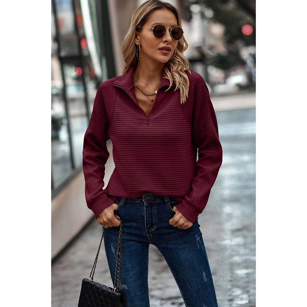 Zipper Neck Textured Striped Long Sleeves Sweatshirt