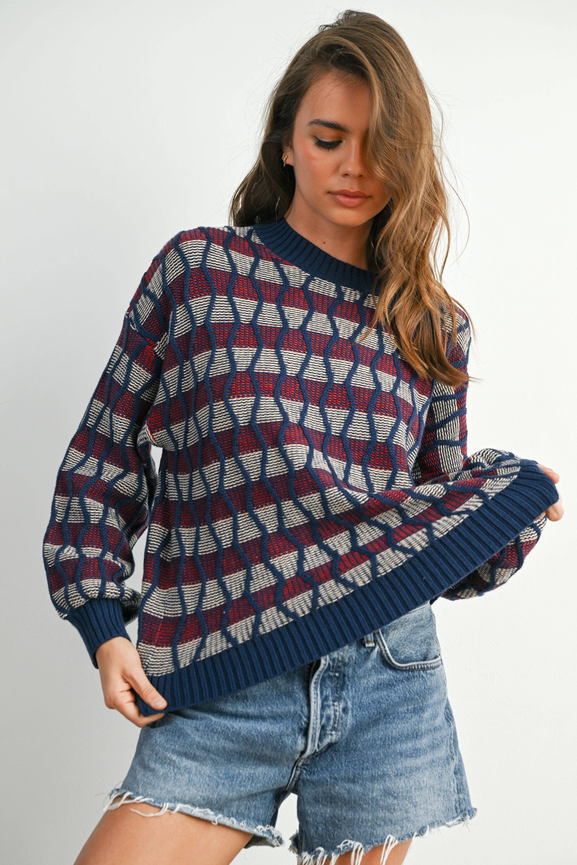Geometric  Crew Neck Long Sleeve Top - BMW7769