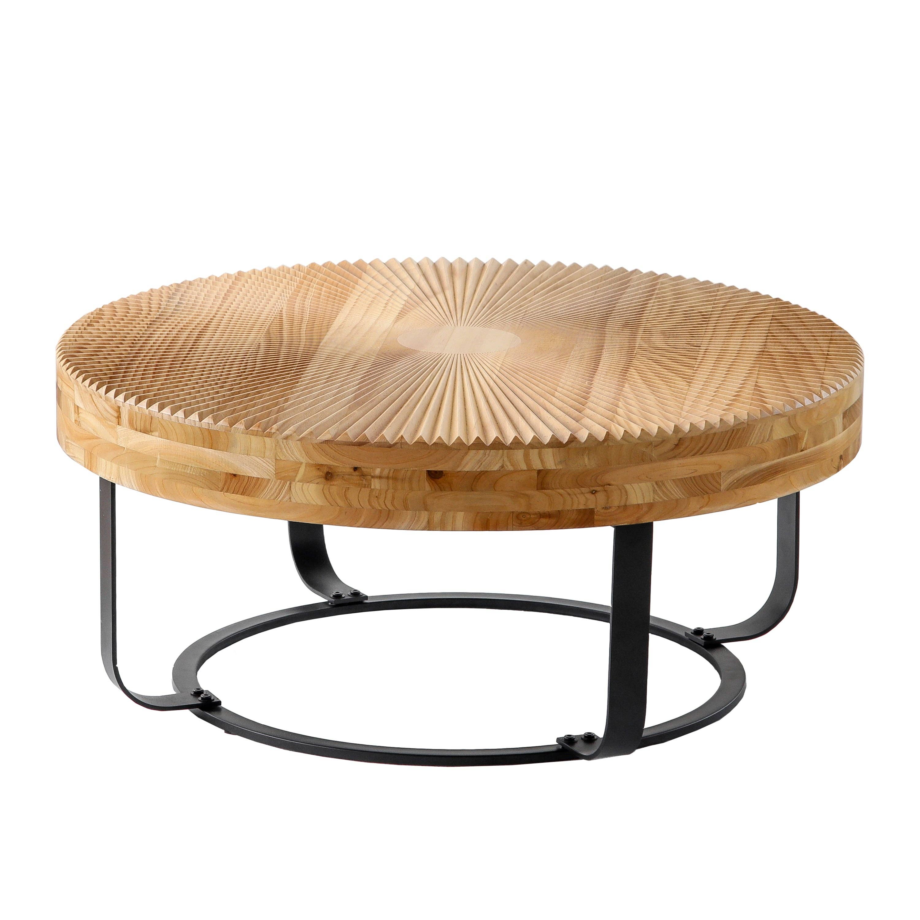 Round Wood Coffee Table with Carved Top and Metal Legs